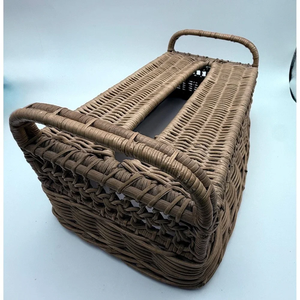 Vintage Rattan Vanity Set Mirror & Tissue Box Cover Coastal Boho Bathroom Decor